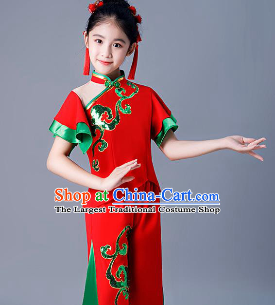 Chinese Children Folk Dance Red Uniforms Yangko Dance Costumes Girl Drum Dance Dress Fan Dance Clothing
