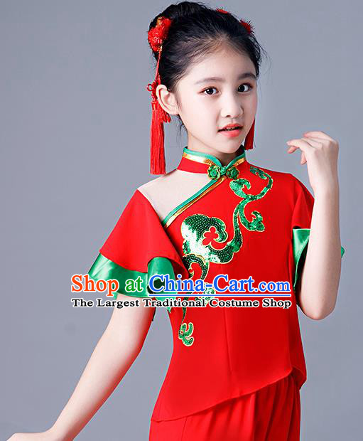 Chinese Children Folk Dance Red Uniforms Yangko Dance Costumes Girl Drum Dance Dress Fan Dance Clothing