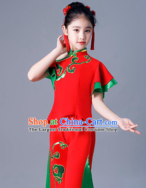 Chinese Children Folk Dance Red Uniforms Yangko Dance Costumes Girl Drum Dance Dress Fan Dance Clothing