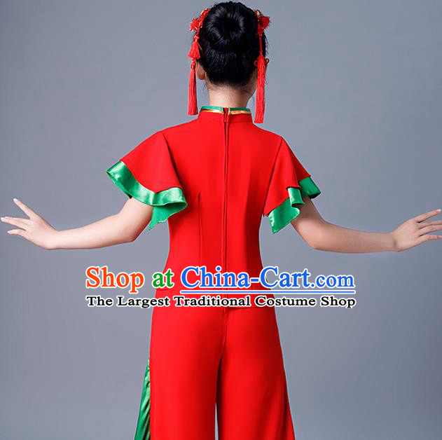 Chinese Children Folk Dance Red Uniforms Yangko Dance Costumes Girl Drum Dance Dress Fan Dance Clothing