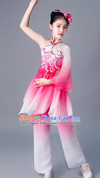 China Umbrella Dance Clothing Fan Dance Rosy Chiffon Uniforms Children Classical Dance Costumes Girl Stage Performance Dancewear
