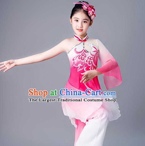 China Umbrella Dance Clothing Fan Dance Rosy Chiffon Uniforms Children Classical Dance Costumes Girl Stage Performance Dancewear