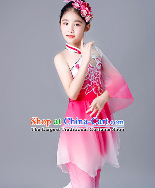 China Umbrella Dance Clothing Fan Dance Rosy Chiffon Uniforms Children Classical Dance Costumes Girl Stage Performance Dancewear