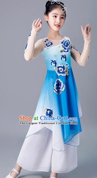 China Stage Performance Dancewear Girl Umbrella Dance Clothing Fan Dance Blue Uniforms Children Classical Dance Costumes
