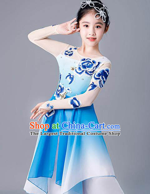 China Stage Performance Dancewear Girl Umbrella Dance Clothing Fan Dance Blue Uniforms Children Classical Dance Costumes