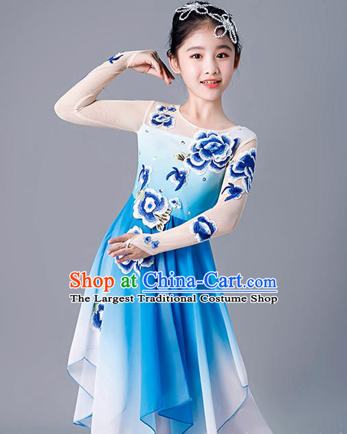 China Stage Performance Dancewear Girl Umbrella Dance Clothing Fan Dance Blue Uniforms Children Classical Dance Costumes