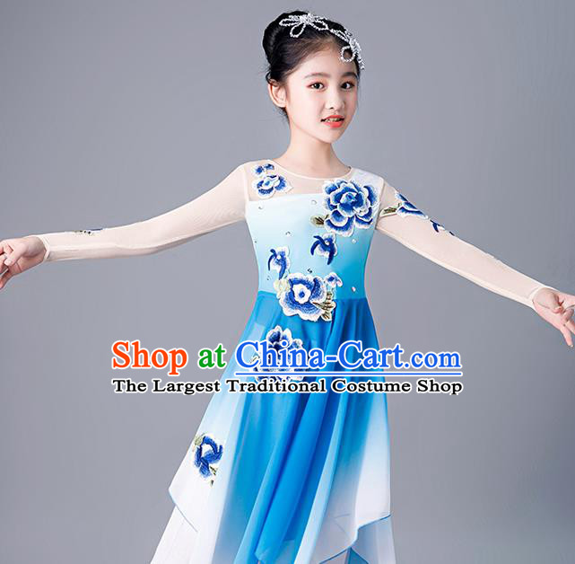 China Stage Performance Dancewear Girl Umbrella Dance Clothing Fan Dance Blue Uniforms Children Classical Dance Costumes