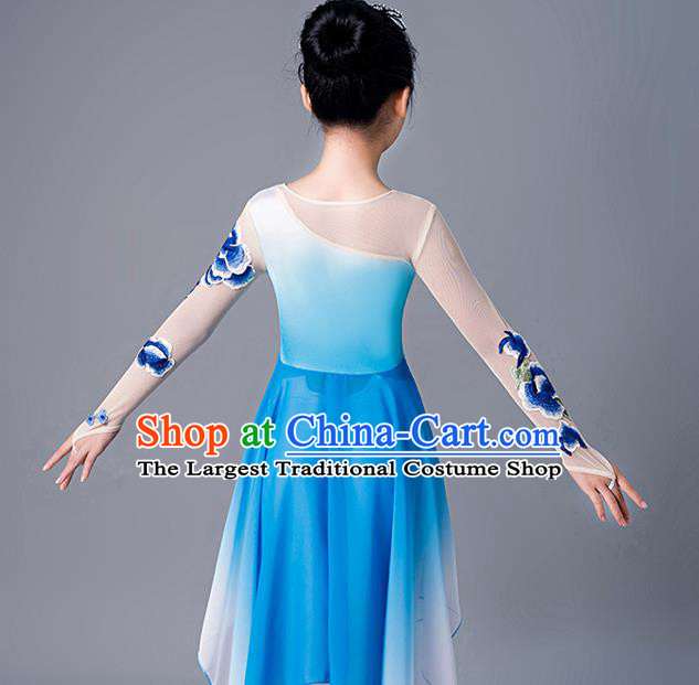 China Stage Performance Dancewear Girl Umbrella Dance Clothing Fan Dance Blue Uniforms Children Classical Dance Costumes