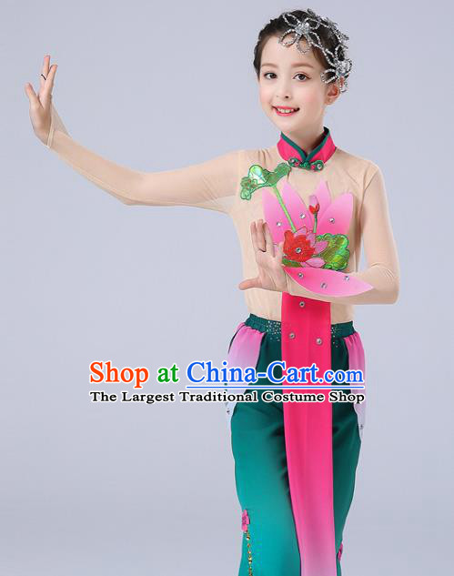 Chinese Children Yangko Dance Uniforms Folk Dance Costumes Girl Lotus Dance Dress New Year Performance Green Clothing