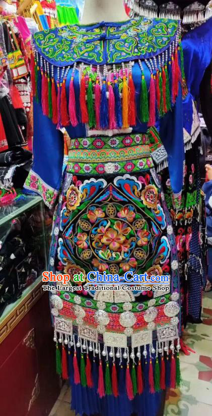 Chinese Minority Wedding Bride Blue Dress Outfits Dong Nationality Folk Dance Clothing Guizhou Festival Garments