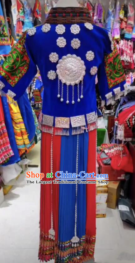 Chinese Guizhou Ethnic Festival Garments Hmong Minority Wedding Bride Blue Dress Outfits Miao Nationality Folk Dance Clothing