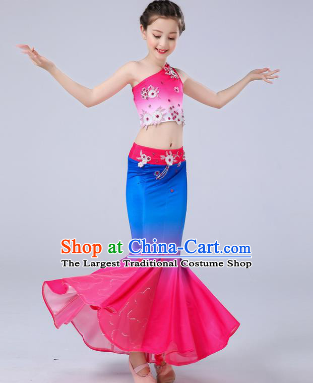 Chinese Dai Nationality Peacock Dance Clothing Ethnic Children Pavane Performance Garments Yunnan Minority Girl Dance Rosy Dress Outfits