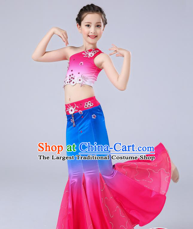 Chinese Dai Nationality Peacock Dance Clothing Ethnic Children Pavane Performance Garments Yunnan Minority Girl Dance Rosy Dress Outfits