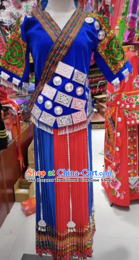 Chinese Guizhou Ethnic Festival Garments Hmong Minority Wedding Bride Blue Dress Outfits Miao Nationality Folk Dance Clothing