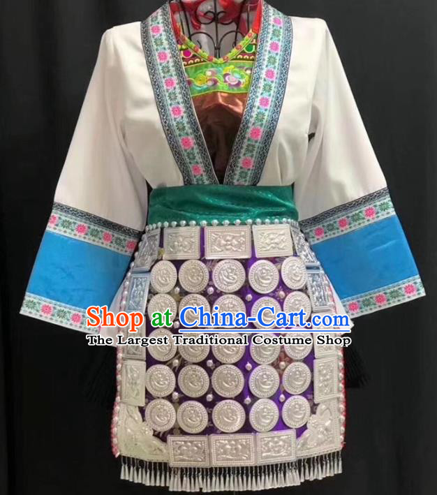 Chinese Dong Nationality Folk Dance Clothing Guizhou Ethnic Festival Garments Minority Performance White Short Dress Outfits