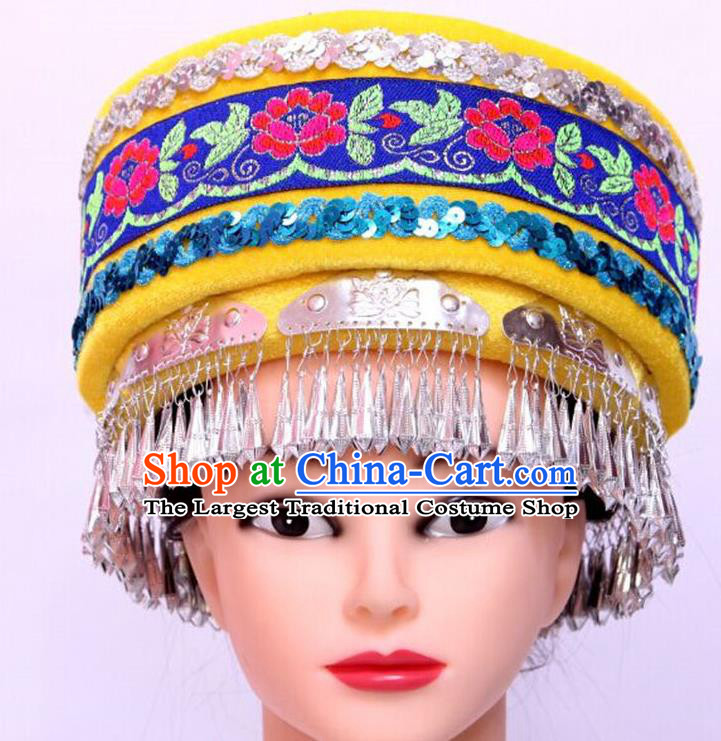Chinese Yi Nationality Festival Yellow Hat Tujia Minority Folk Dance Headdress Handmade Ethnic Stage Performance Headpiece