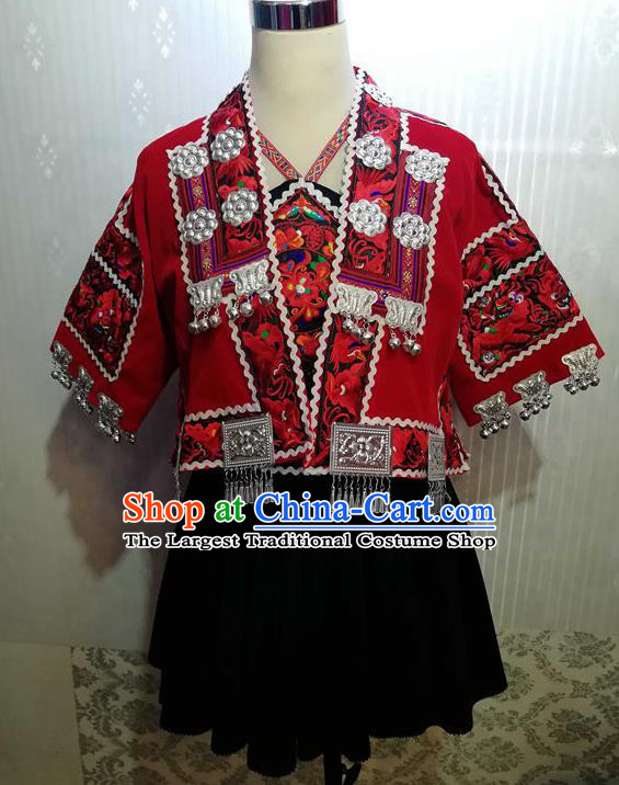 Chinese Guizhou Ethnic Festival Garments Minority Woman Performance Red Short Dress Outfits Dong Nationality Folk Dance Clothing