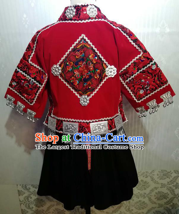 Chinese Guizhou Ethnic Festival Garments Minority Woman Performance Red Short Dress Outfits Dong Nationality Folk Dance Clothing