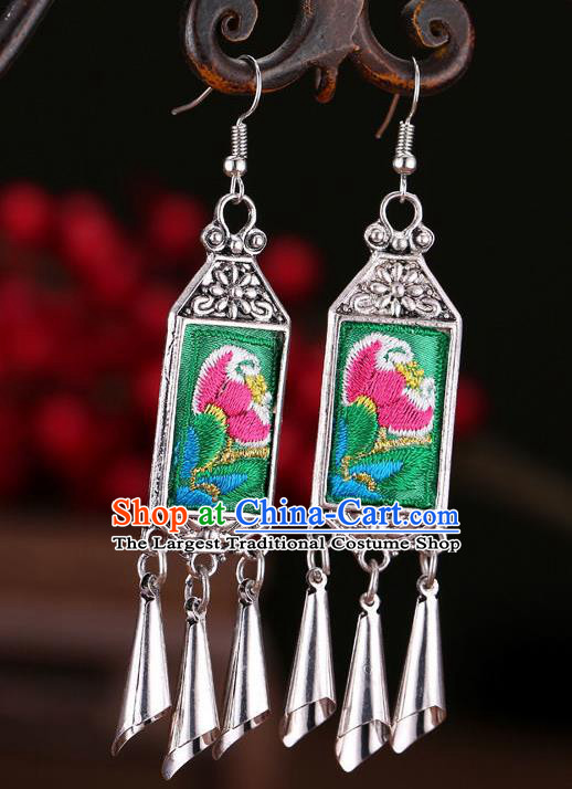 Chinese Hmong Minority Dance Embroidered Green Ear Jewelry Yunnan Ethnic Woman Ear Accessories Miao Nationality Silver Earrings
