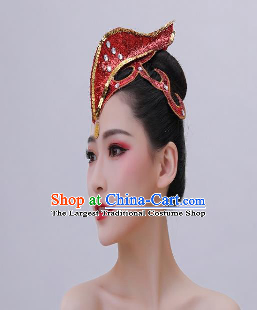 Chinese Dai Nationality Folk Dance Red Hair Crown Yunnan Minority Performance Headwear Handmade Ethnic Peacock Dance Headpiece