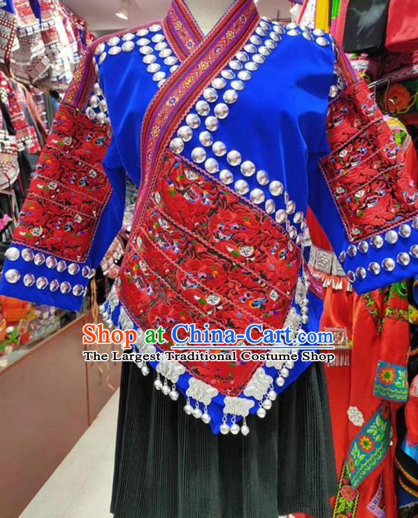 Chinese Hmong Minority Dance Blue Dress Outfits Miao Nationality Folk Dance Clothing Guizhou Ethnic Woman Performance Garments