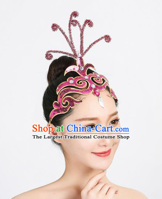Chinese Woman Group Dance Hair Accessories Yangko Dance Headpiece Folk Dance Rosy Sequins Hair Crown