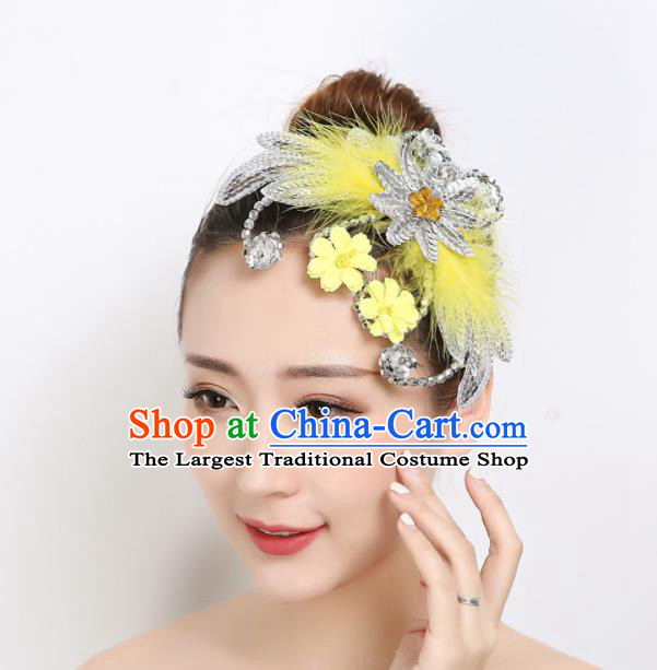 Chinese Woman Peacock Dance Yellow Feather Headpiece Dai Nationality Folk Dance Hair Stick Stage Performance Hair Accessories