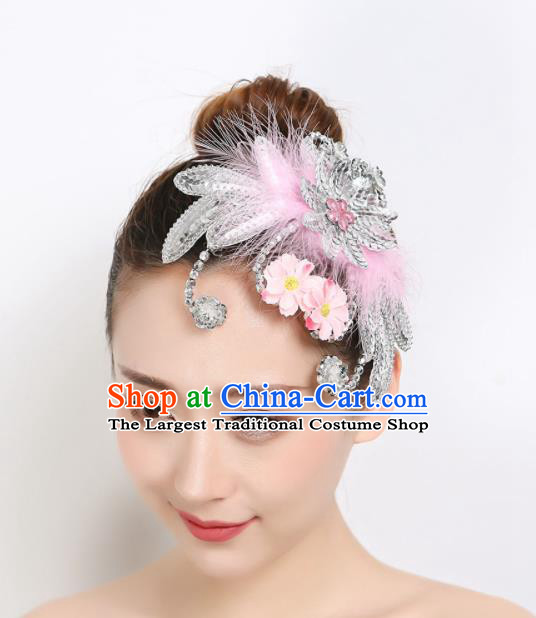 Chinese Stage Performance Hair Accessories Woman Peacock Dance Pink Feather Headpiece Dai Nationality Folk Dance Hair Stick
