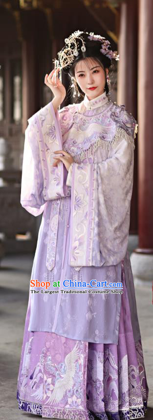 China Ancient Patrician Lady Garment Costumes Ming Dynasty Young Beauty Historical Clothing Traditional Purple Hanfu Dress Complete Set