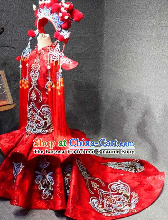 Chinese Style Catwalks Trailing Dress Girls Stage Show Embroidered Qipao Dress Child Compere Formal Costume