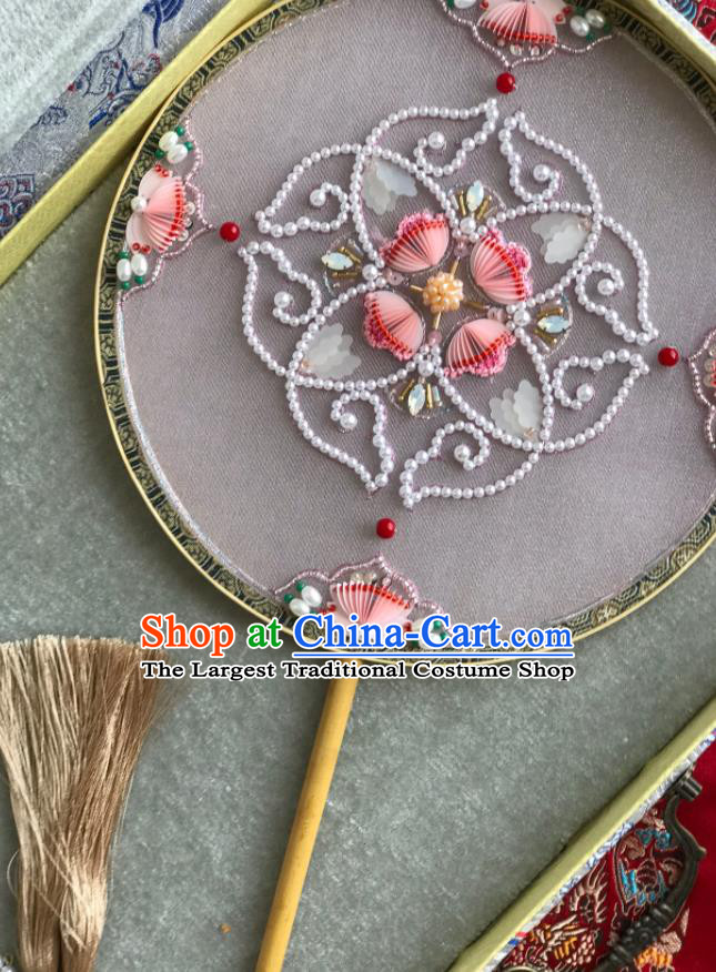China Handmade Pearls Hanfu Fans Wedding Circular Fan Traditional Bride Pink Palace Fan