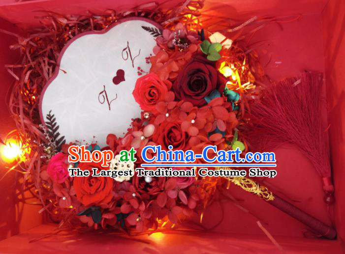 China Wedding Red Silk Rose Fan Handmade Bride Flowers Palace Fan Traditional Hanfu Dance Circular Fans