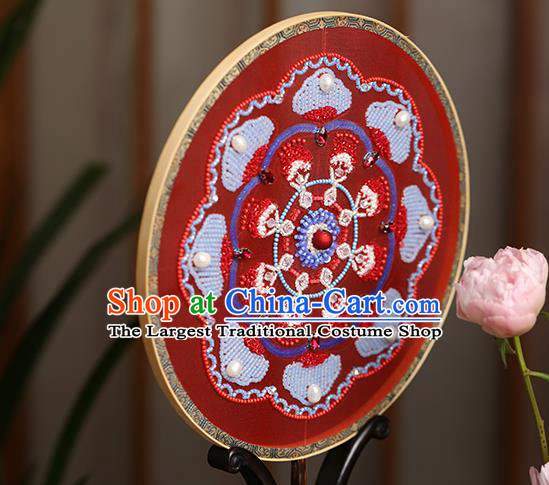 China Handmade Red Silk Palace Fan Traditional Hanfu Dance Circular Fans Wedding Bride Embroidered Beads Fan