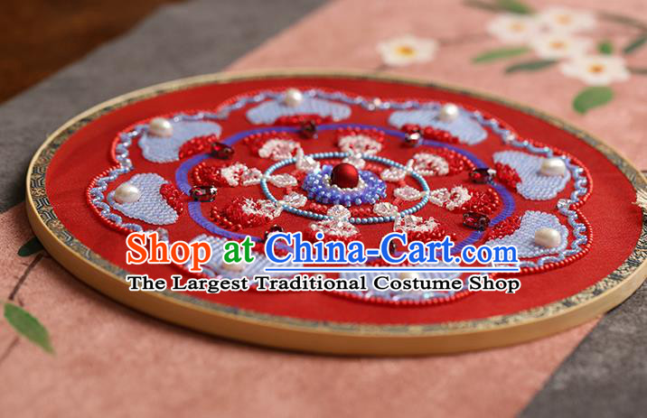 China Handmade Red Silk Palace Fan Traditional Hanfu Dance Circular Fans Wedding Bride Embroidered Beads Fan