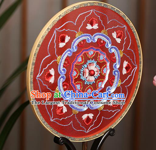 China Wedding Bride Embroidered Sequins Fan Handmade Red Silk Palace Fan Traditional Hanfu Dance Circular Fans