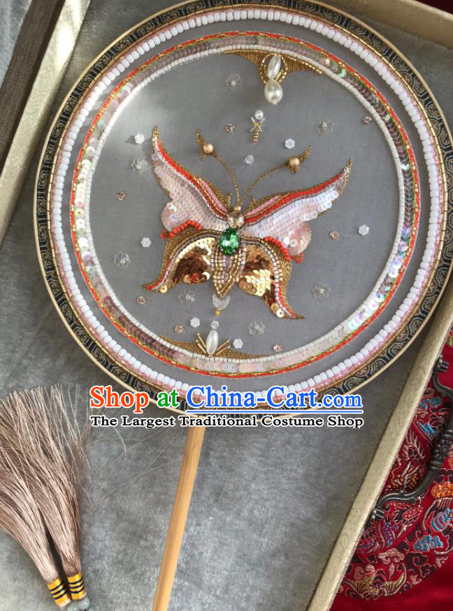 China Traditional Hanfu Dance Circular Fans Wedding Embroidered Sequins Butterfly Fan Handmade Bride Silk Palace Fan