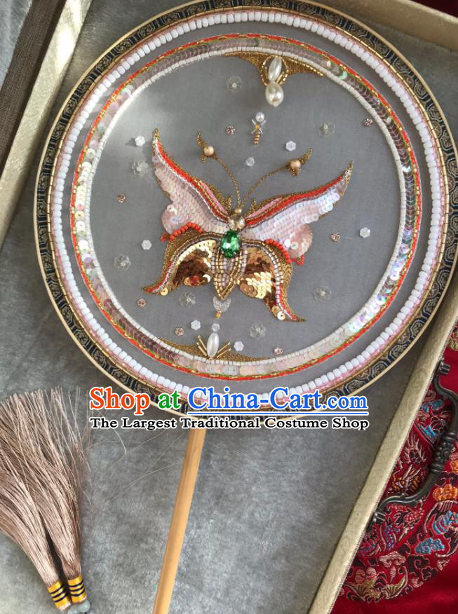 China Traditional Hanfu Dance Circular Fans Wedding Embroidered Sequins Butterfly Fan Handmade Bride Silk Palace Fan