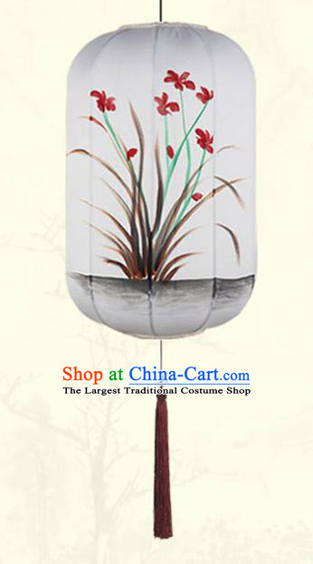 China Handmade Painting Orchids Lantern Classical White Cloth Hanging Lamp Traditional New Year Wax Gourd Lanterns