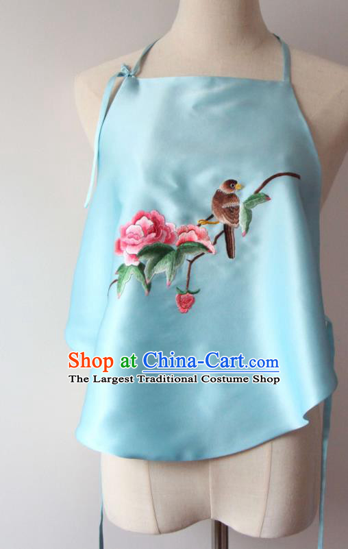 Chinese Traditional Cheongsam Undergarment Suzhou Embroidered Peony Bird Stomachers Clothing National Blue Silk Bellyband