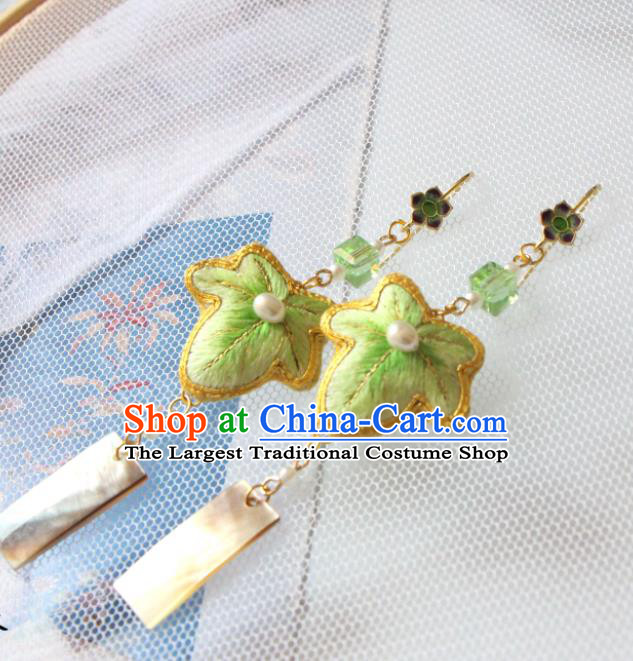 China National Woman Ear Jewelry Handmade Cheongsam Ear Accessories Suzhou Embroidered Green Maple Leaf Earrings