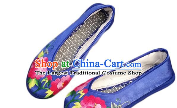 Handmade China National Woman Dance Cloth Shoes Yunnan Ethnic Blue Satin Shoes Embroidered Peony Shoes