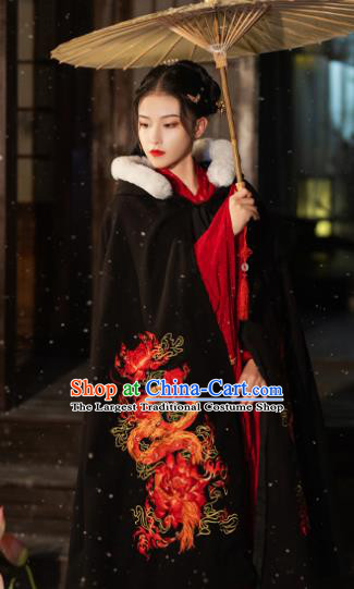 China Traditional Hanfu Cape Ming Dynasty Princess Historical Clothing Ancient Young Beauty Embroidered Black Cloak Garment
