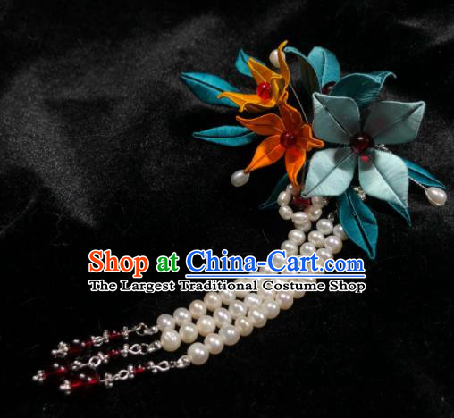 China Handmade Beads Tassel Hairpin Traditional Hanfu Headpiece Ancient Princess Green Silk Lily Flowers Hair Comb