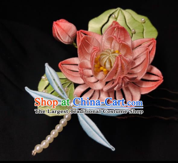 China Handmade Pink Silk Lotus Hairpin Traditional Hanfu Headpieces Ancient Song Dynasty Princess Hair Comb
