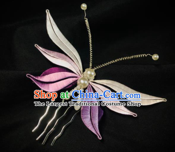 China Handmade Lilac Silk Butterfly Hairpin Traditional Ming Dynasty Hanfu Headpiece Ancient Princess Hair Comb