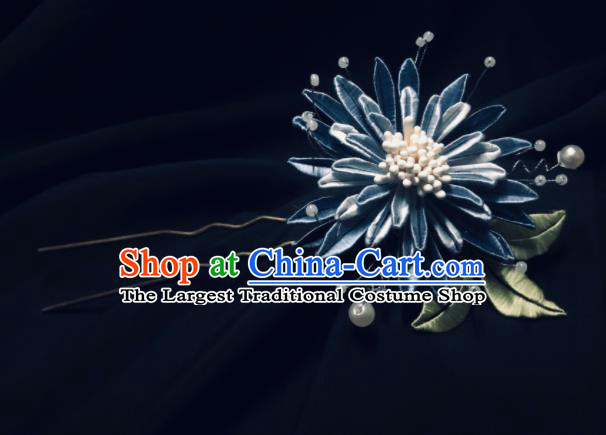 China Handmade Blue Silk Cornflower Hairpin Traditional Ming Dynasty Hanfu Hair Accessories Ancient Rich Mistress Hair Stick