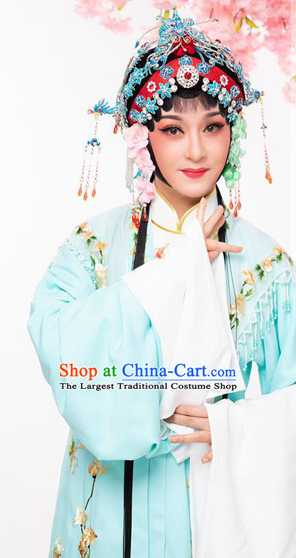 Chinese Beijing Opera Hua Tan Garment Costumes Huangmei Opera Diva Clothing Ancient Young Lady Blue Cape Dress