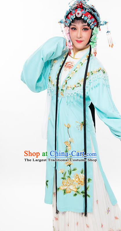 Chinese Beijing Opera Hua Tan Garment Costumes Huangmei Opera Diva Clothing Ancient Young Lady Blue Cape Dress