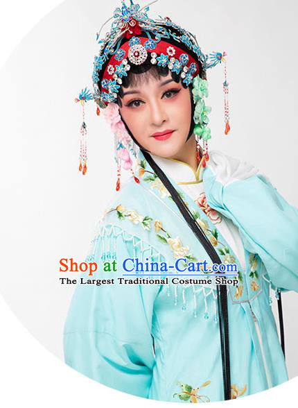 Chinese Beijing Opera Hua Tan Garment Costumes Huangmei Opera Diva Clothing Ancient Young Lady Blue Cape Dress