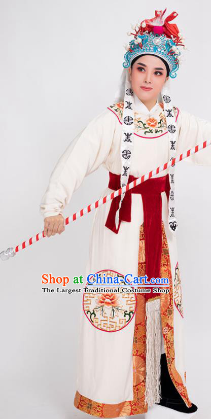 China Beijing Opera Wusheng Clothing Traditional Yue Opera Young Male Garment Peking Opera Warrior White Robe Costume